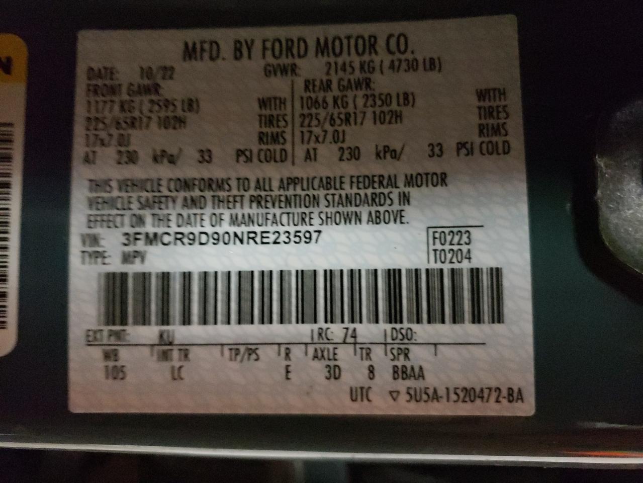 2022 Ford Bronco VIN 3FMCR9D90NRE23597 Copart auction photo, front end / water/flood damage thumbnail 14