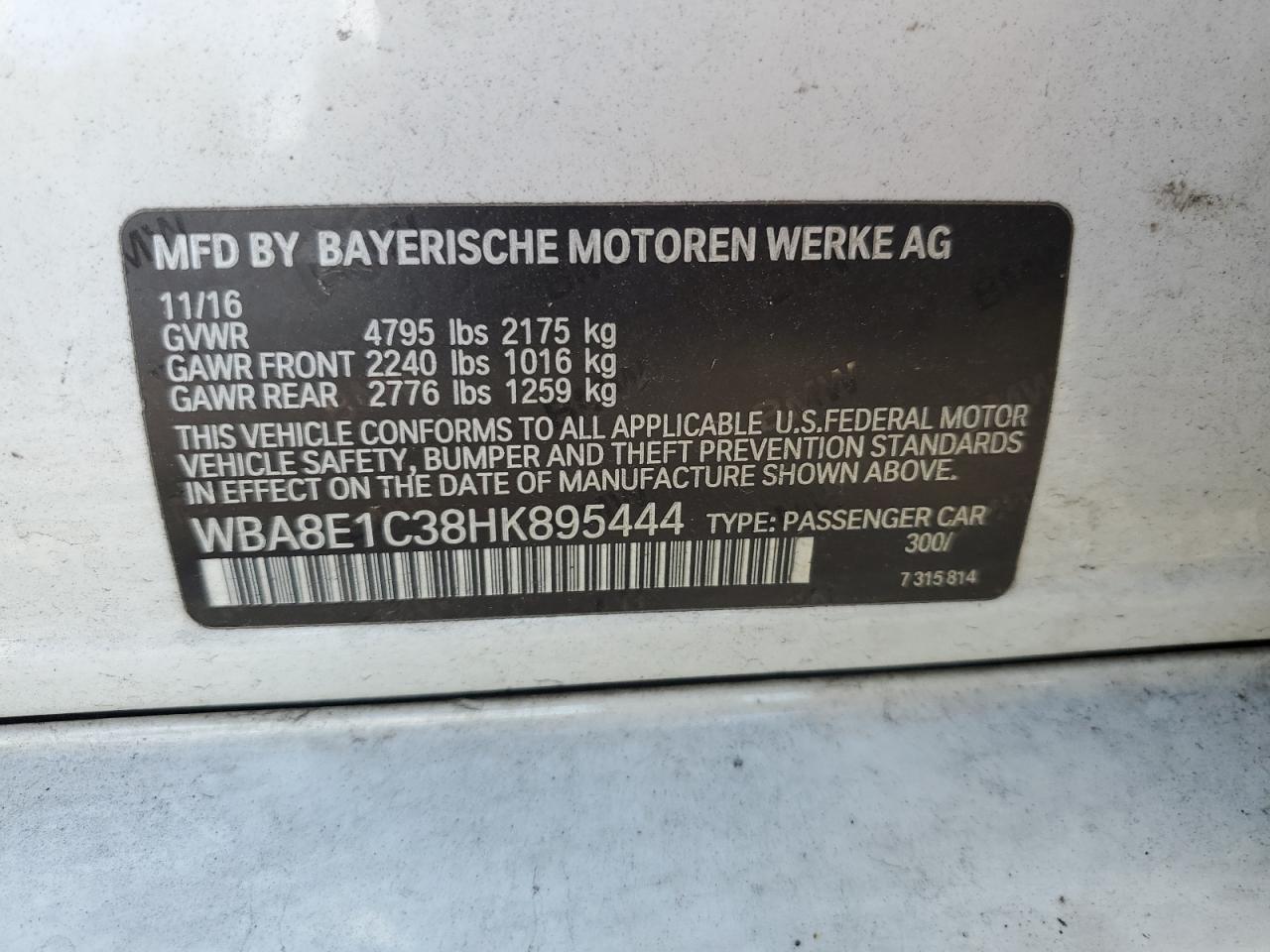 2017 BMW 3er VIN WBA8E1C38HK895444 Copart auction photo, front end / side damage thumbnail 15