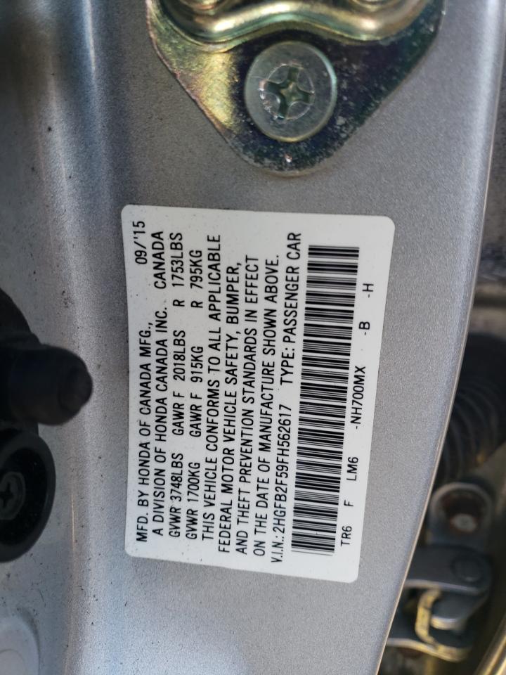 2015 Honda Civic VIN 2HGFB2F59FH562617 Copart auction photo, all over / minor dent/scratches damage thumbnail 12