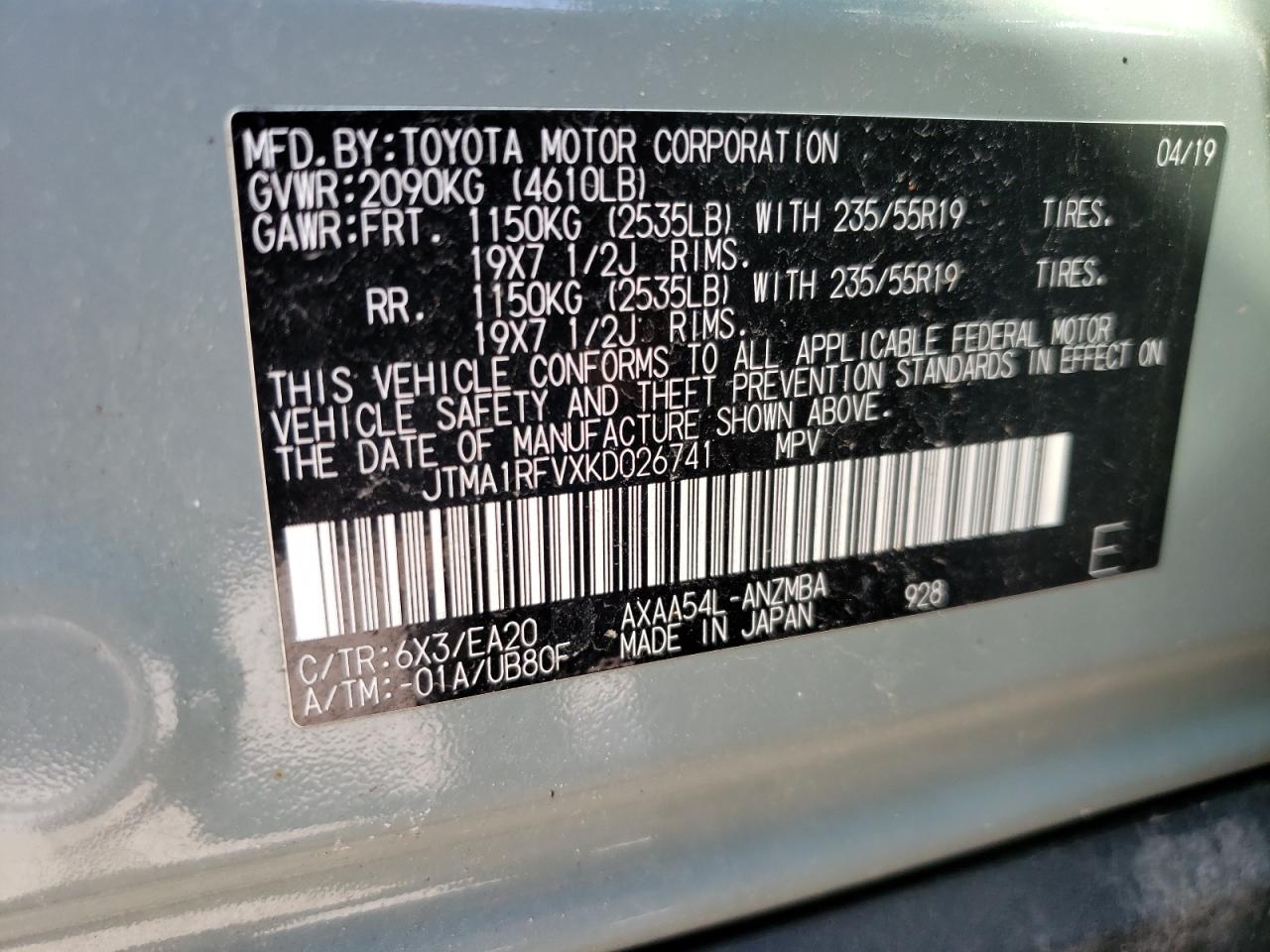 2019 Toyota RAV 4 VIN JTMA1RFVXKD026741 Copart auction photo, front end / side damage thumbnail 14