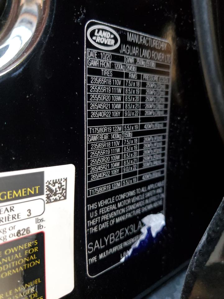 2020 Land Rover Range Rover VIN SALYB2EX3LA295357 Copart auction photo, rear end / side damage thumbnail 13