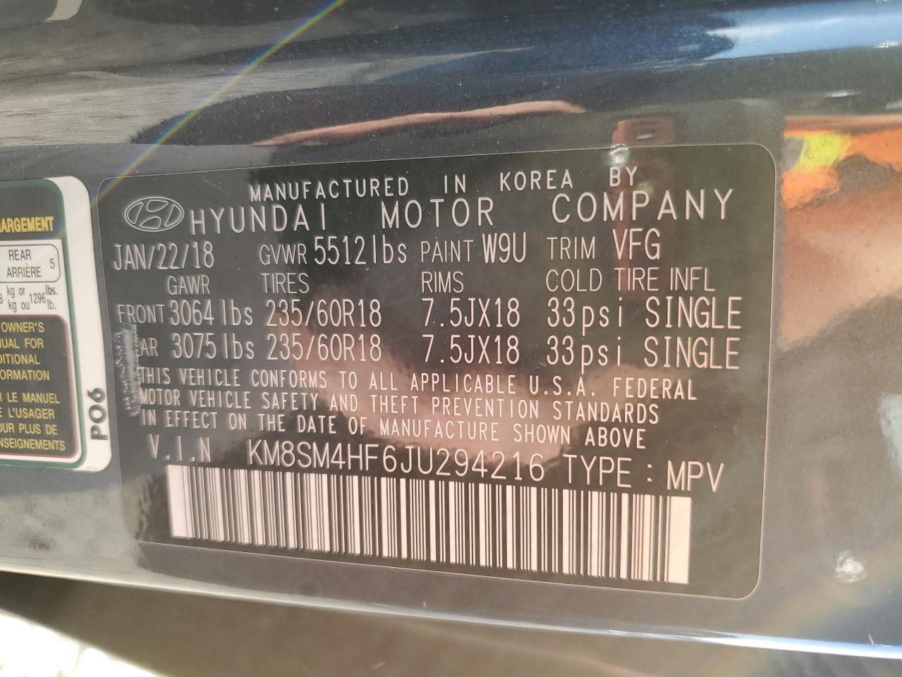 2018 Hyundai Santa Fe VIN KM8SM4HF6JU294216 Copart auction photo, all over damage thumbnail 14