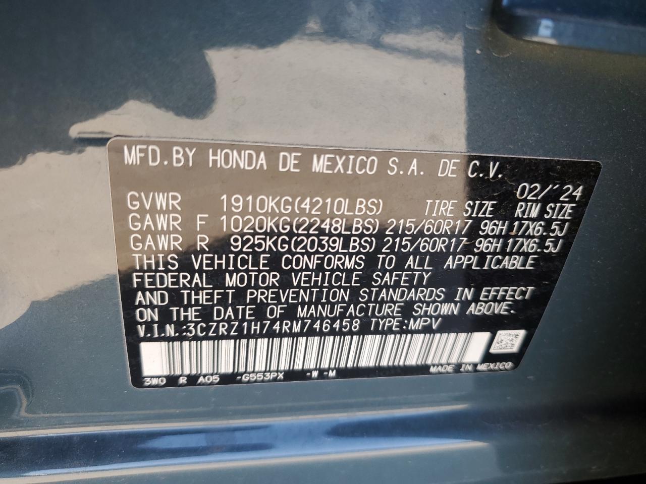 2024 Honda HR-V VIN 3CZRZ1H74RM746458 Copart auction photo, hail / minor dent/scratches damage thumbnail 13