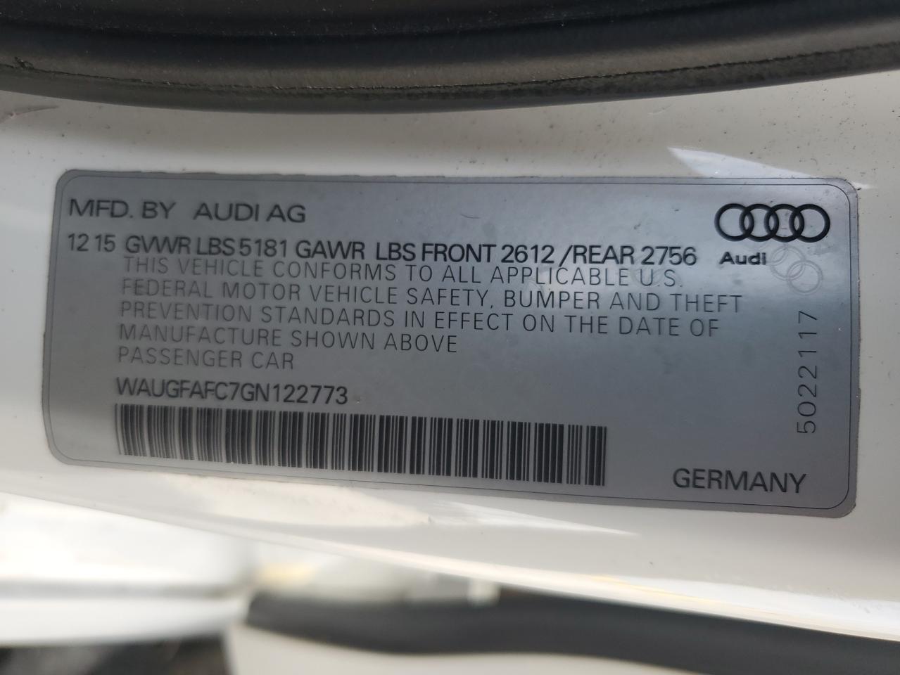2016 Audi A6 VIN WAUGFAFC7GN122773 Copart auction photo, front end damage thumbnail 13