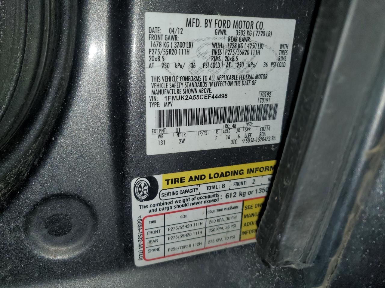 2012 Ford Expedition VIN 1FMJK2A55CEF44498 Copart auction photo, front end / side damage thumbnail 13