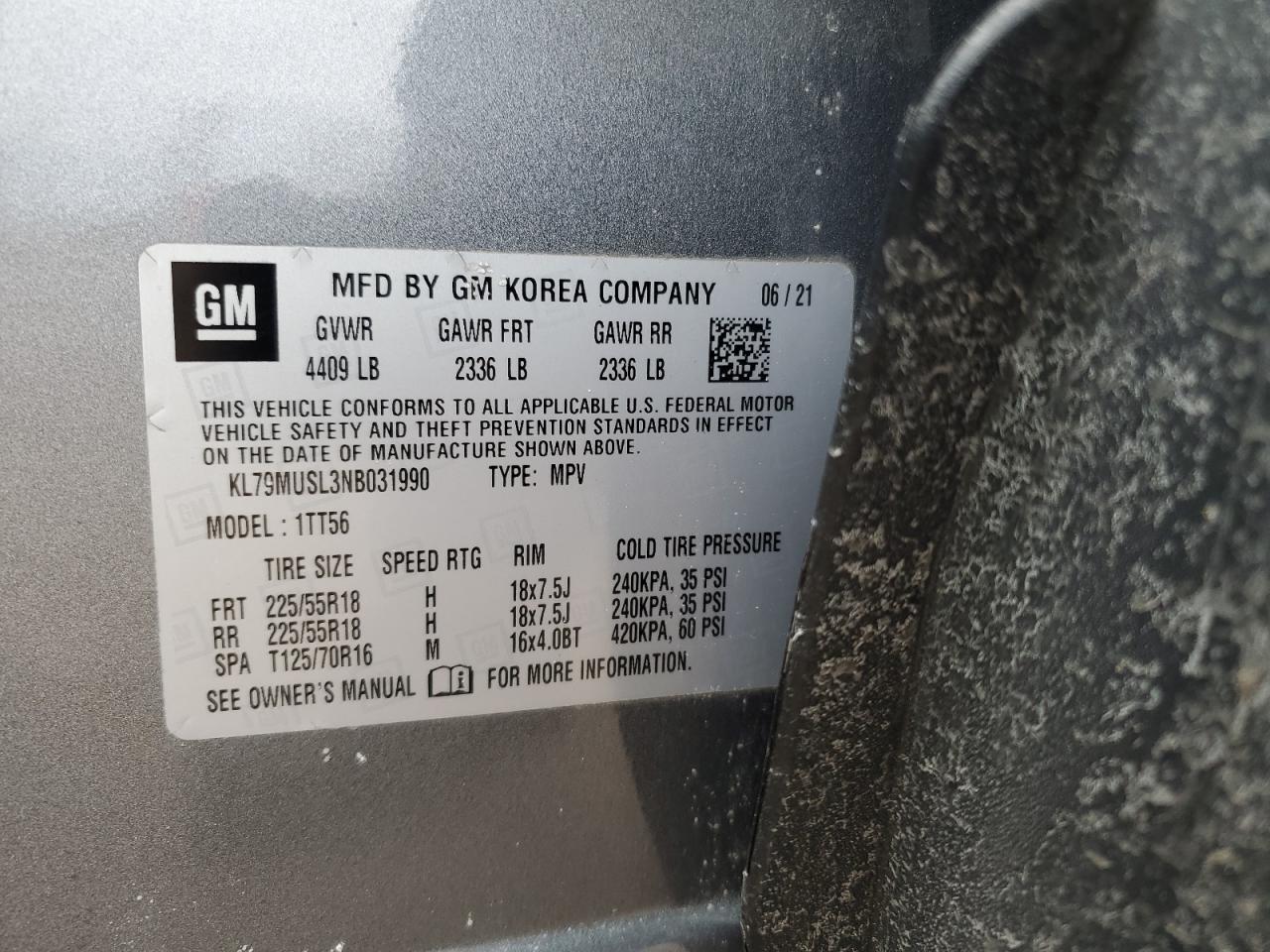 2022 Chevrolet TrailBlazer VIN KL79MUSL3NB031990 Copart auction photo, front end damage thumbnail 15