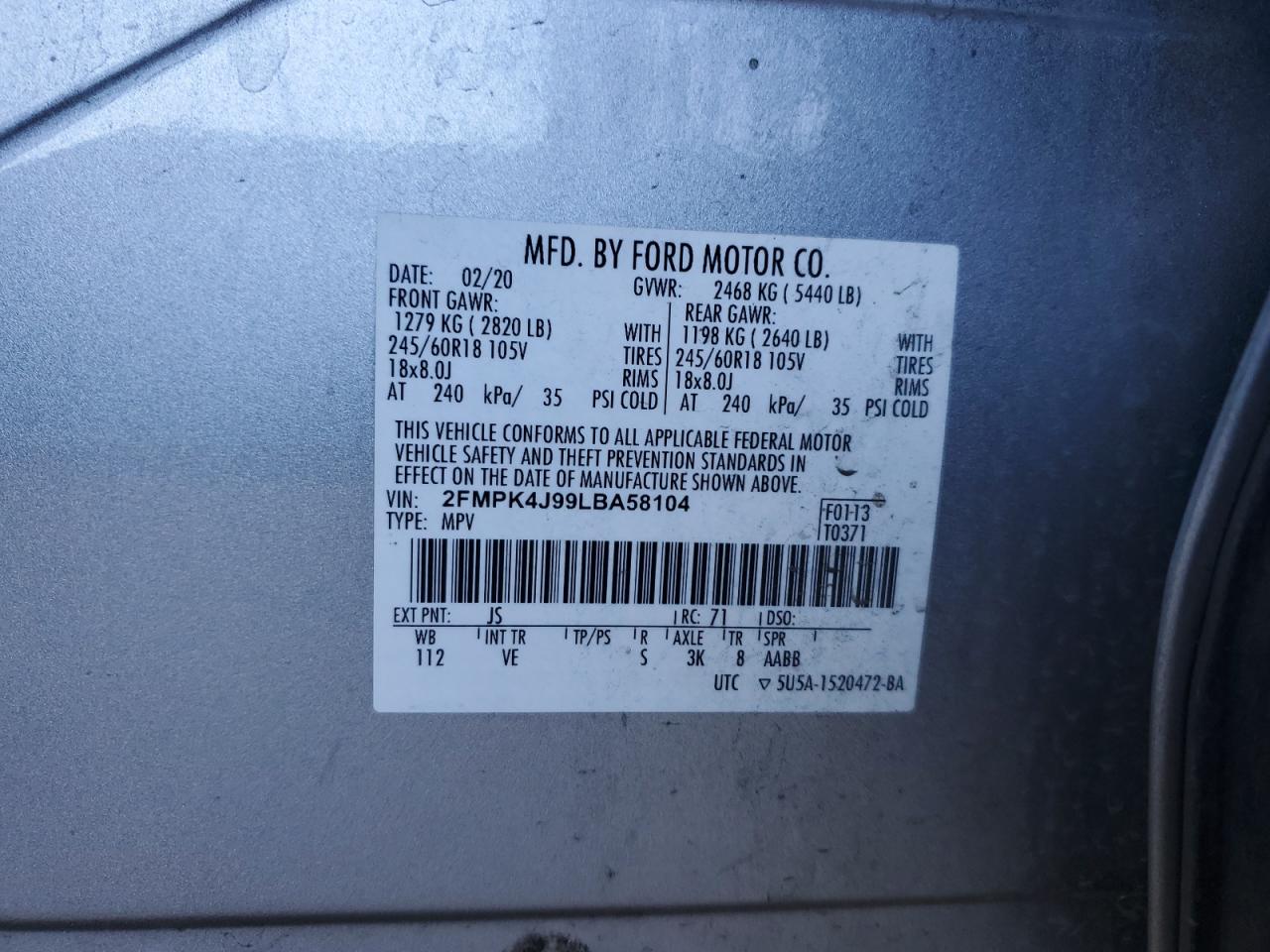 2020 Ford Edge VIN 2FMPK4J99LBA58104 Copart auction photo, rear end / mechanical damage thumbnail 12