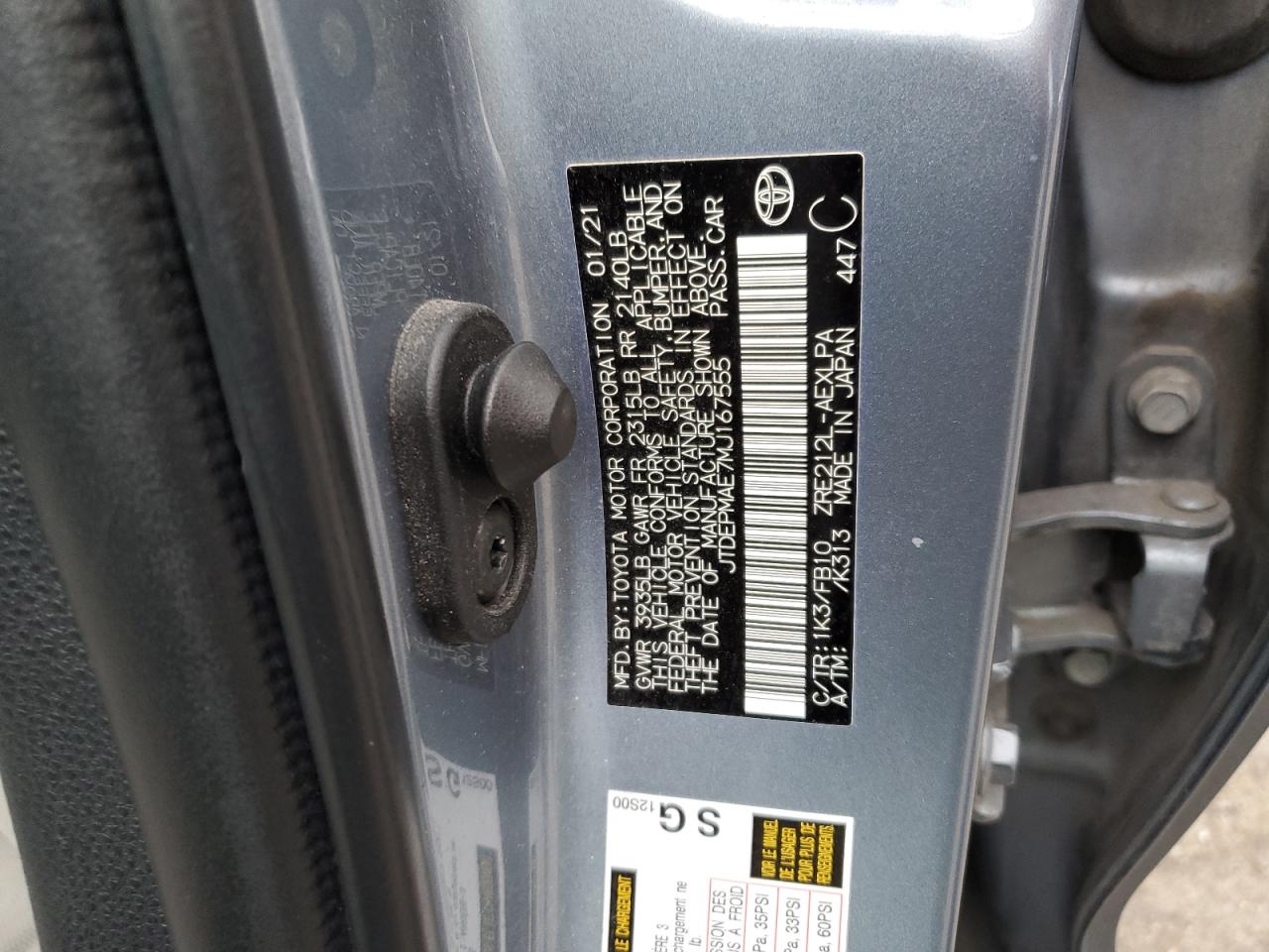 2021 Toyota Corolla VIN JTDEPMAE7MJ167555 Copart auction photo, front end / side damage thumbnail 12