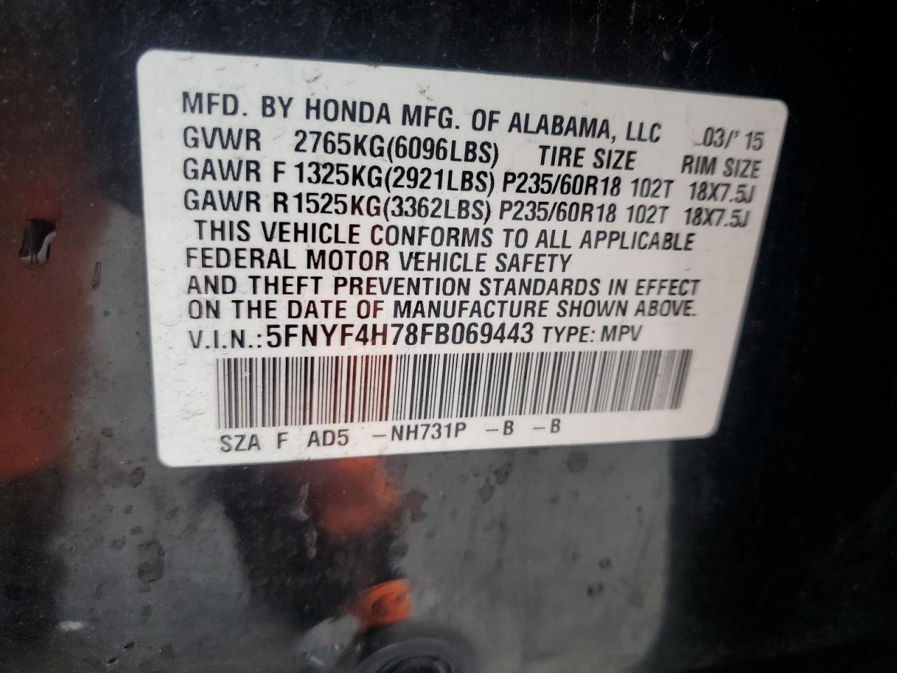 2015 Honda Pilot VIN 5FNYF4H78FB069443 Copart auction photo, hail / minor dent/scratches damage thumbnail 13