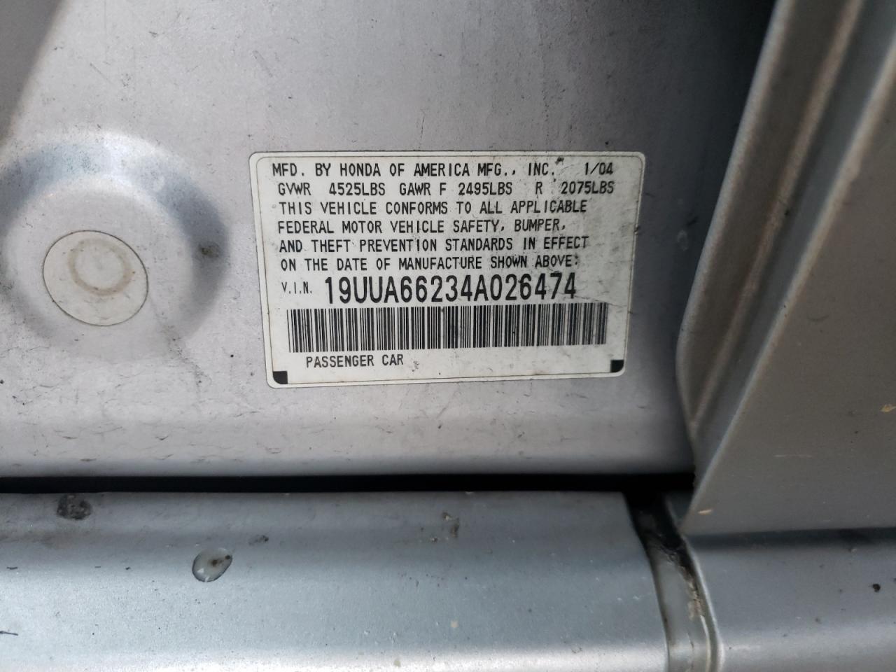 2004 Acura TL VIN 19UUA66234A026474 Copart auction photo, frame damage damage thumbnail 12