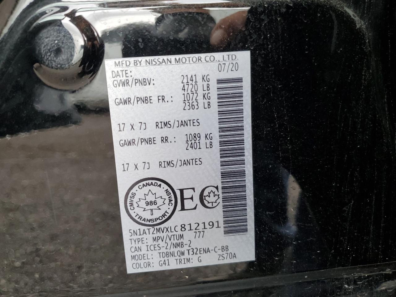 2020 Nissan Rogue VIN 5N1AT2MVXLC812191 Copart auction photo, front end / rear end damage thumbnail 14