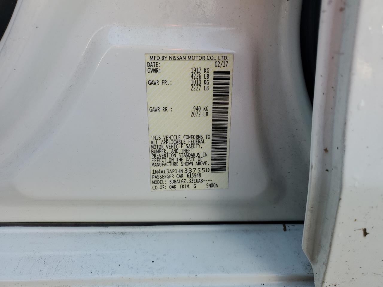 2017 Nissan Altima VIN 1N4AL3AP1HN337550 Copart auction photo, rear end / side damage thumbnail 12