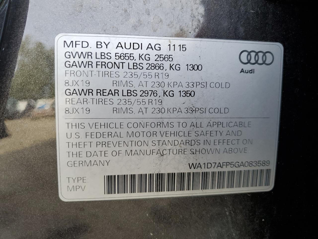 2016 Audi Q5 VIN WA1D7AFP5GA083589 Copart auction photo, biohazard/chemical / front end damage thumbnail 13