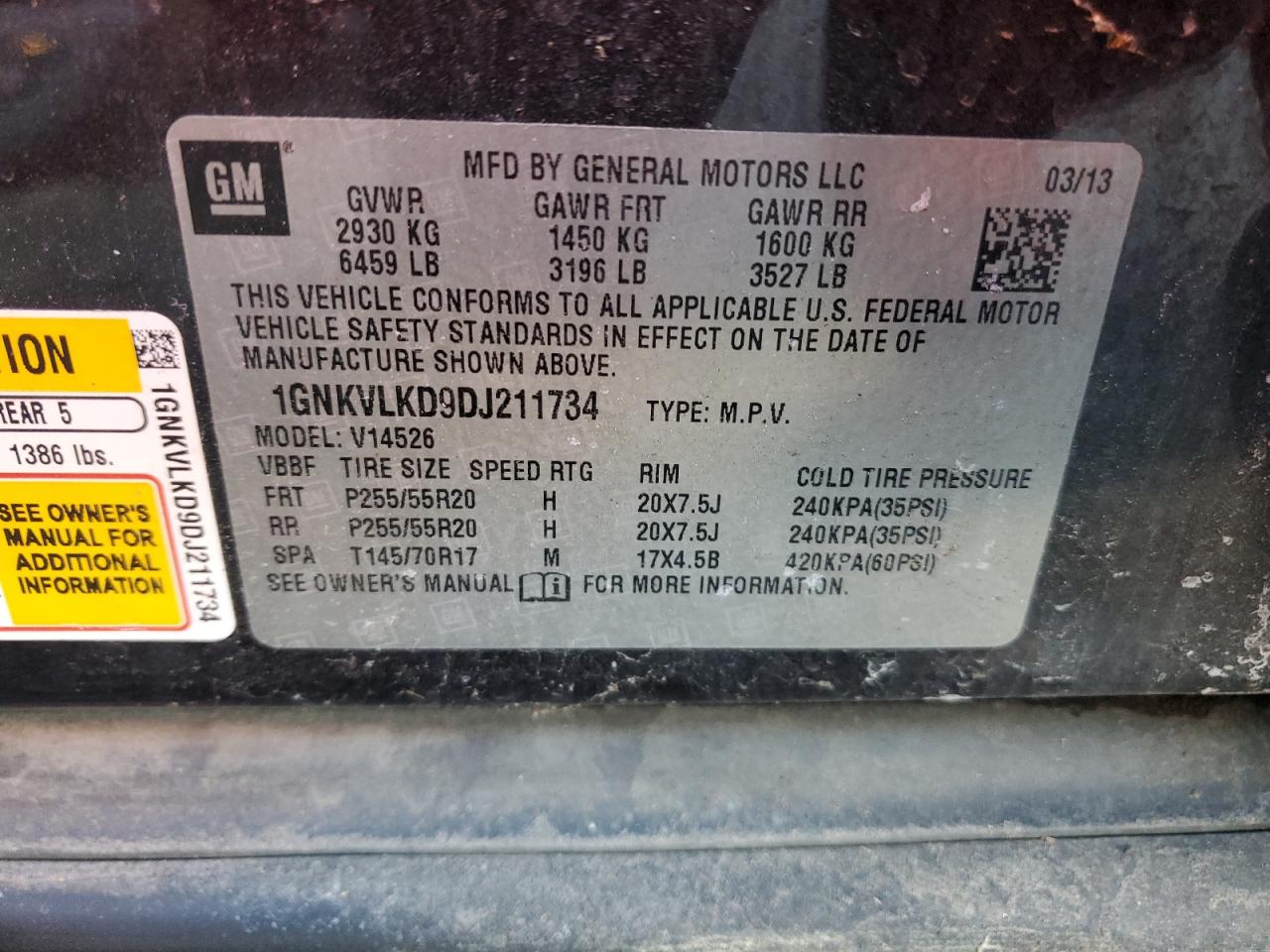 2013 Chevrolet Traverse VIN 1GNKVLKD9DJ211734 Copart auction photo, side / minor dent/scratches damage thumbnail 13