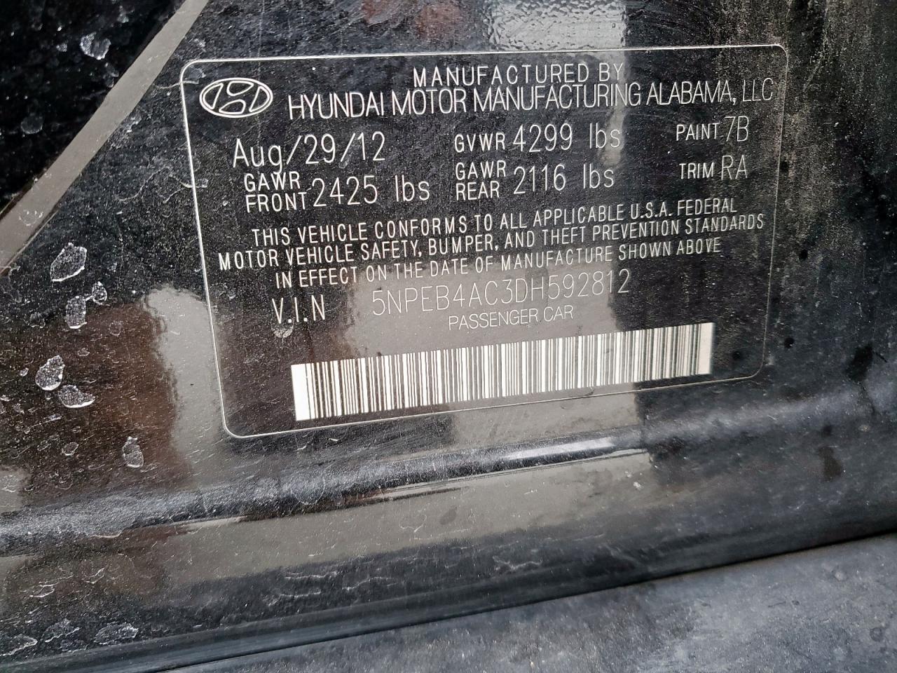 2013 Hyundai Sonata VIN 5NPEB4AC3DH592812 Copart auction photo, side / rear end damage thumbnail 12