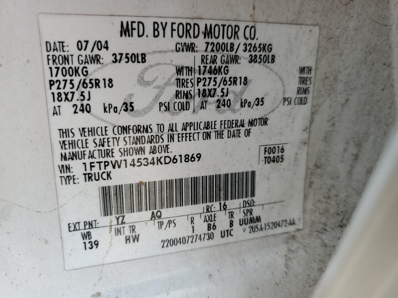 2004 Ford F-150 VIN 1FTPW14534KD61869 Copart auction photo, water/flood damage thumbnail 13