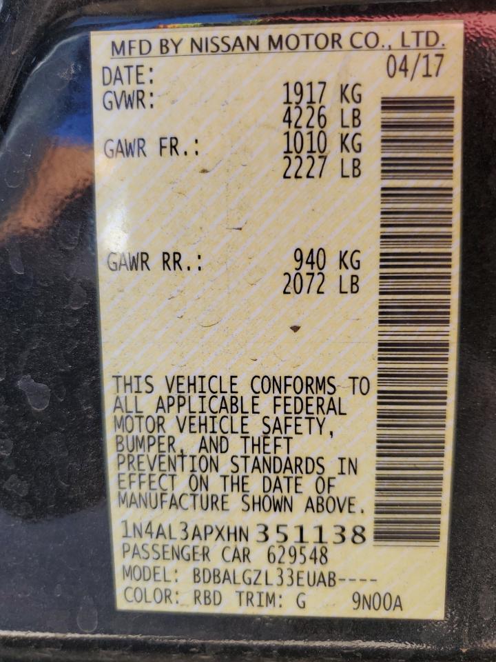2017 Nissan Altima VIN 1N4AL3APXHN351138 Copart auction photo, side damage thumbnail 12