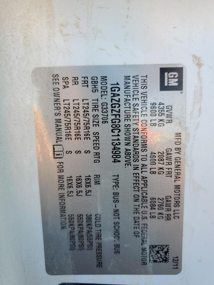 2012 Chevrolet Express VIN 1GAZGZFG8C1134984 Copart auction photo, front end / side damage thumbnail 13