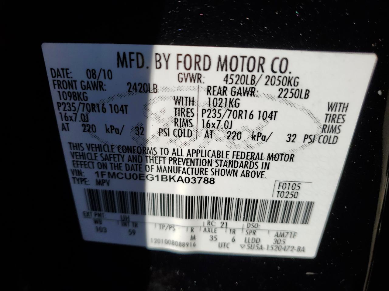 2011 Ford Escape VIN 1FMCU0EG1BKA03788 Copart auction photo, minor dent/scratches damage thumbnail 12