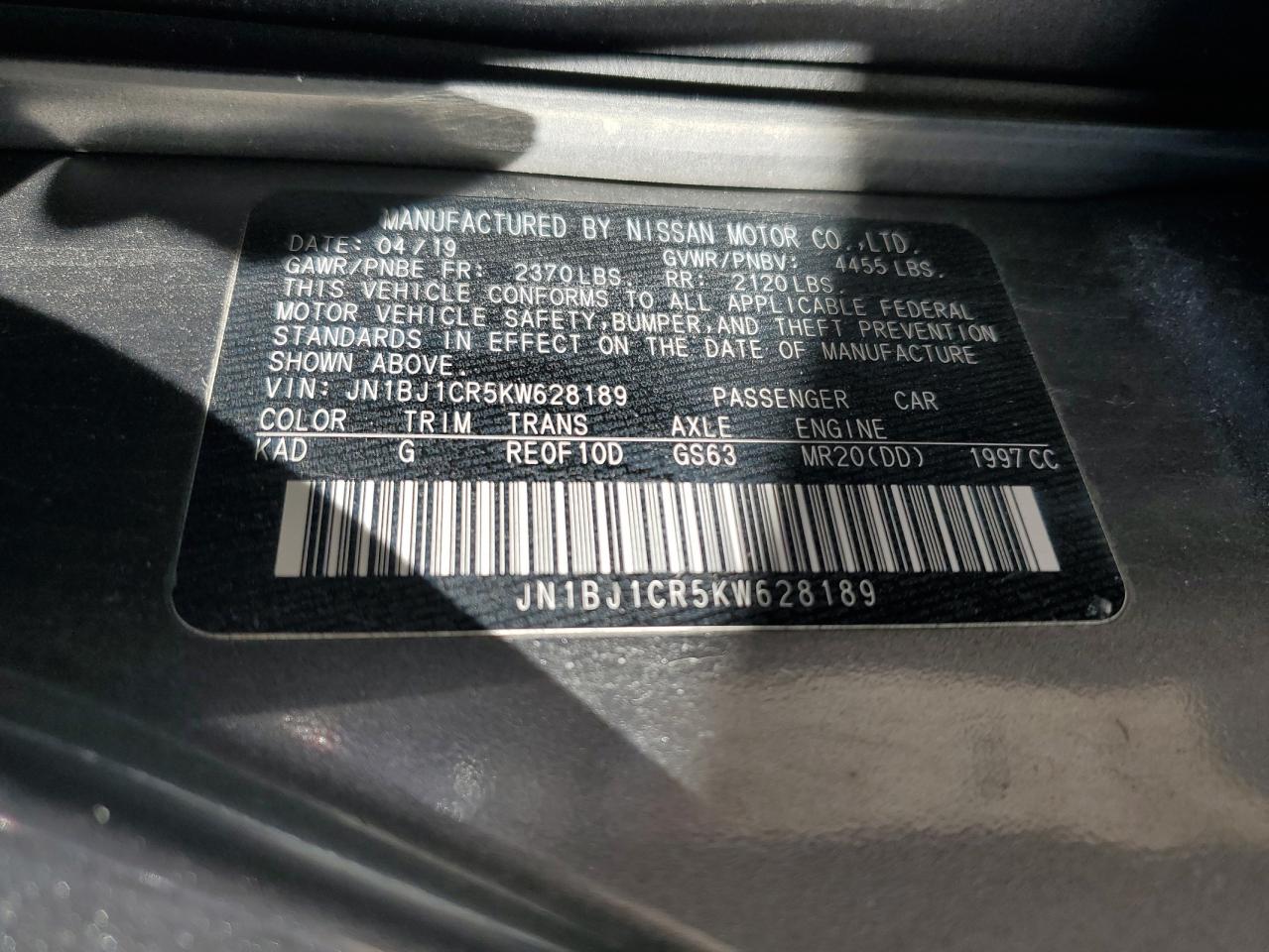 2019 Nissan Rogue VIN JN1BJ1CR5KW628189 Copart auction photo, front end / rear end damage thumbnail 16