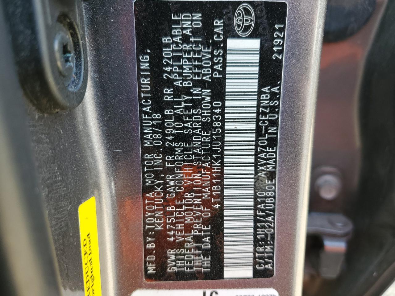 2018 Toyota Camry VIN 4T1B11HK1JUL15834 Copart auction photo, rear end / minor dent/scratches damage thumbnail 13