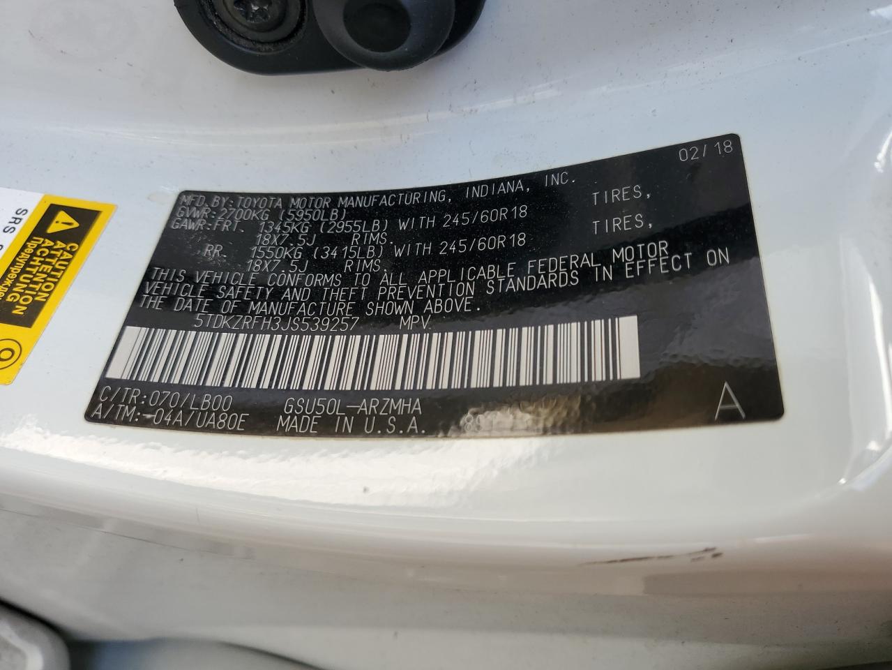 2018 Toyota Highlander VIN 5TDKZRFH3JS539257 Copart auction photo, front end / frame damage damage thumbnail 15