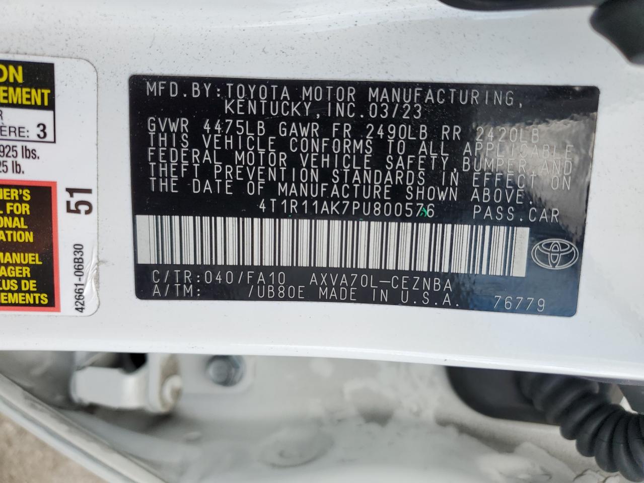 2023 Toyota Camry VIN 4T1R11AK7PU800576 Copart auction photo, frame damage / front end damage thumbnail 12