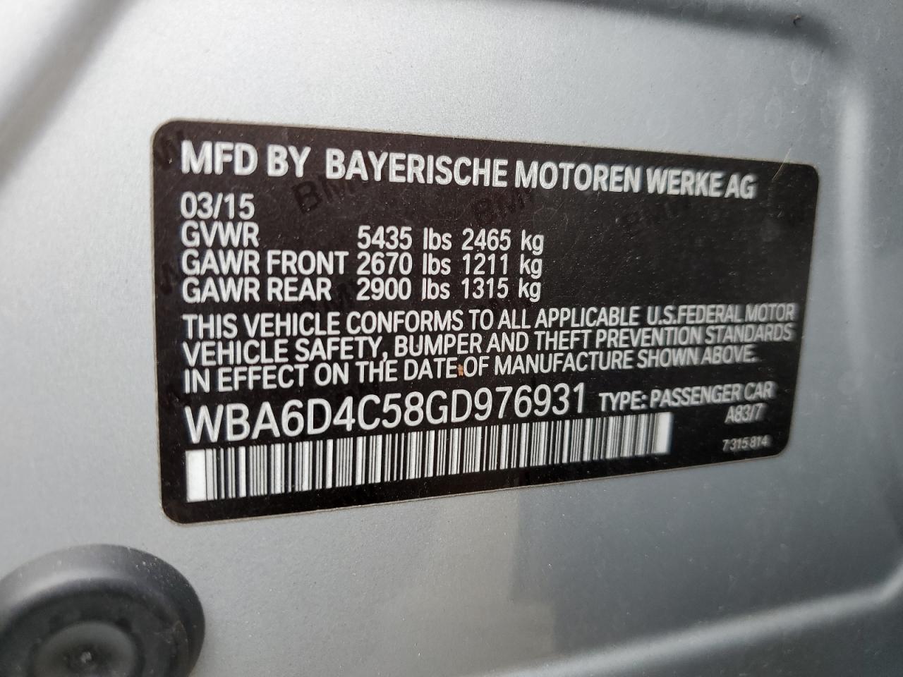 2016 BMW 6er VIN WBA6D4C58GD976931 Copart auction photo, front end / side damage thumbnail 13