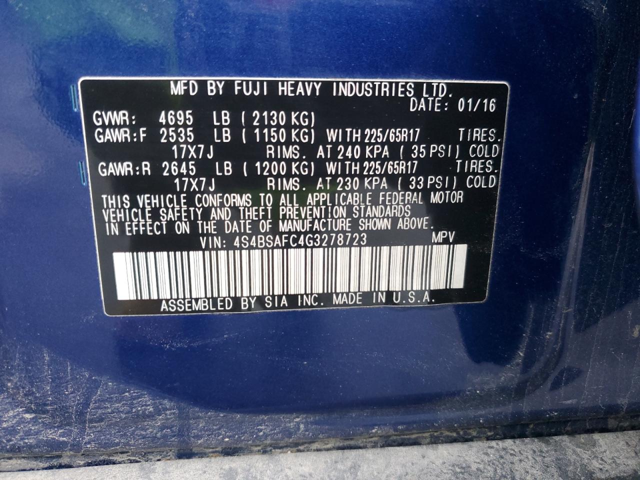 2016 Subaru Outback VIN 4S4BSAFC4G3278723 Copart auction photo, front end / minor dent/scratches damage thumbnail 13