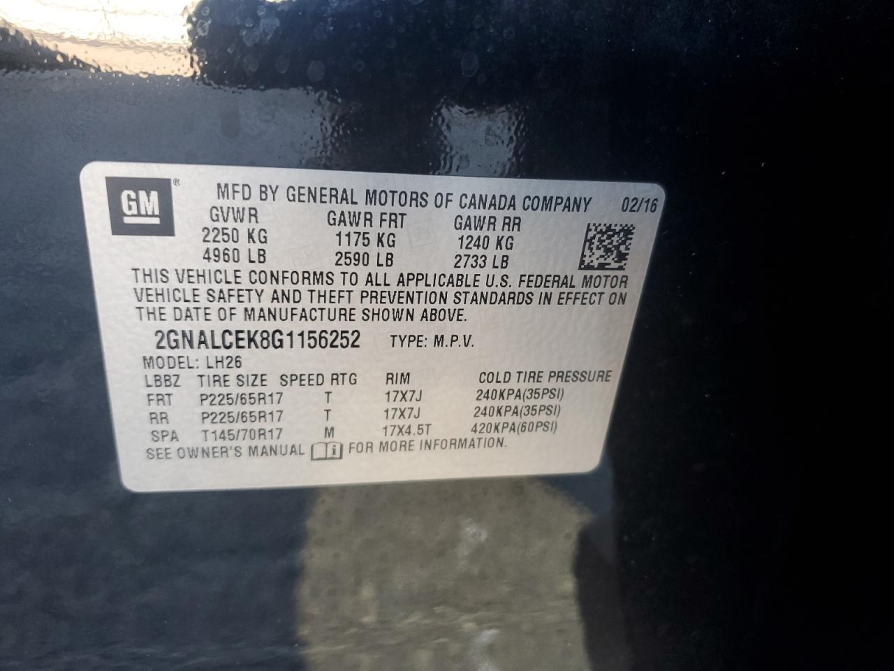 2016 Chevrolet Equinox VIN 2GNALCEK8G1156252 Copart auction photo, front end damage thumbnail 14