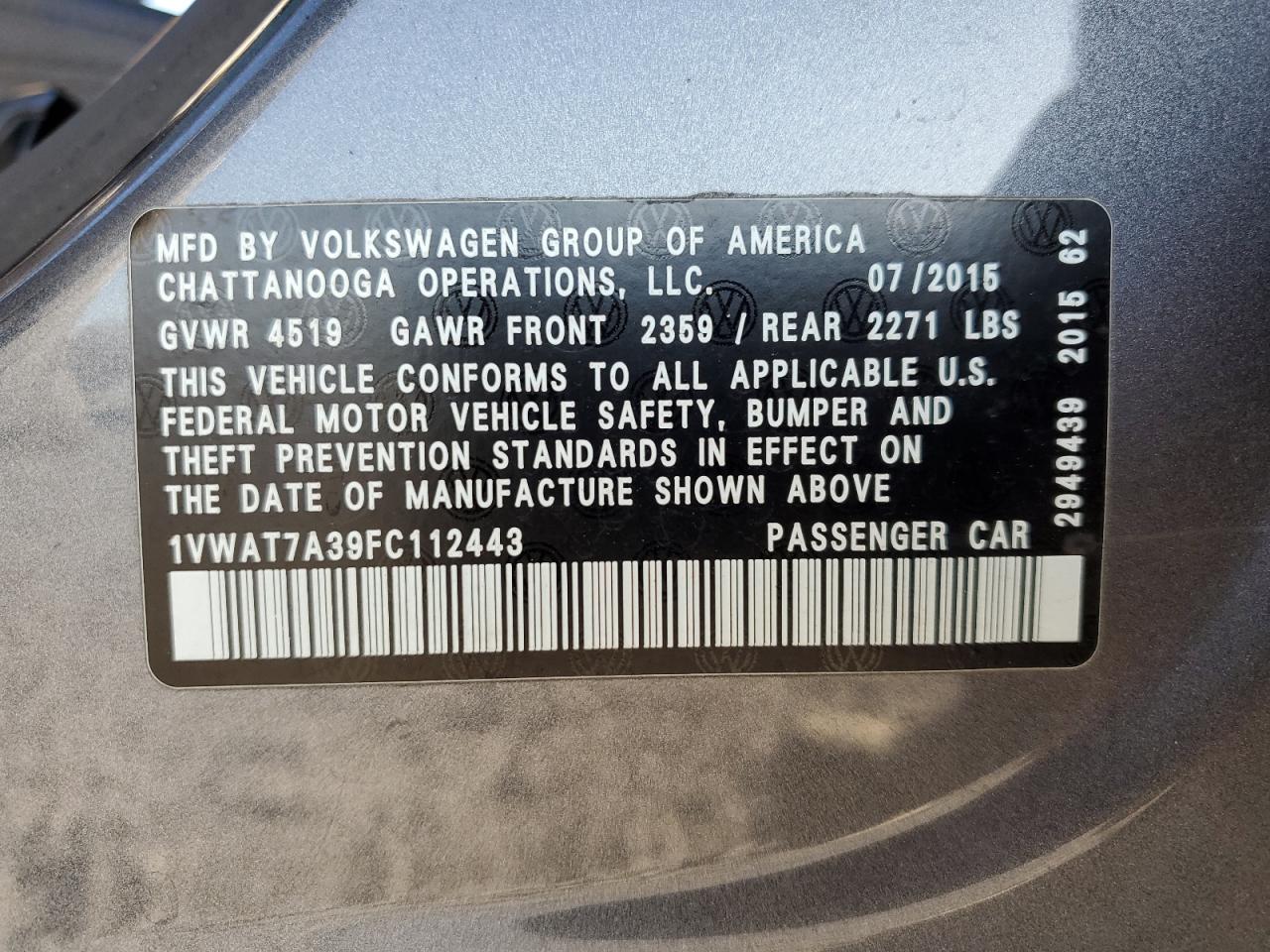 2015 Volkswagen Passat VIN 1VWAT7A39FC112443 Copart auction photo, all over / mechanical damage thumbnail 14