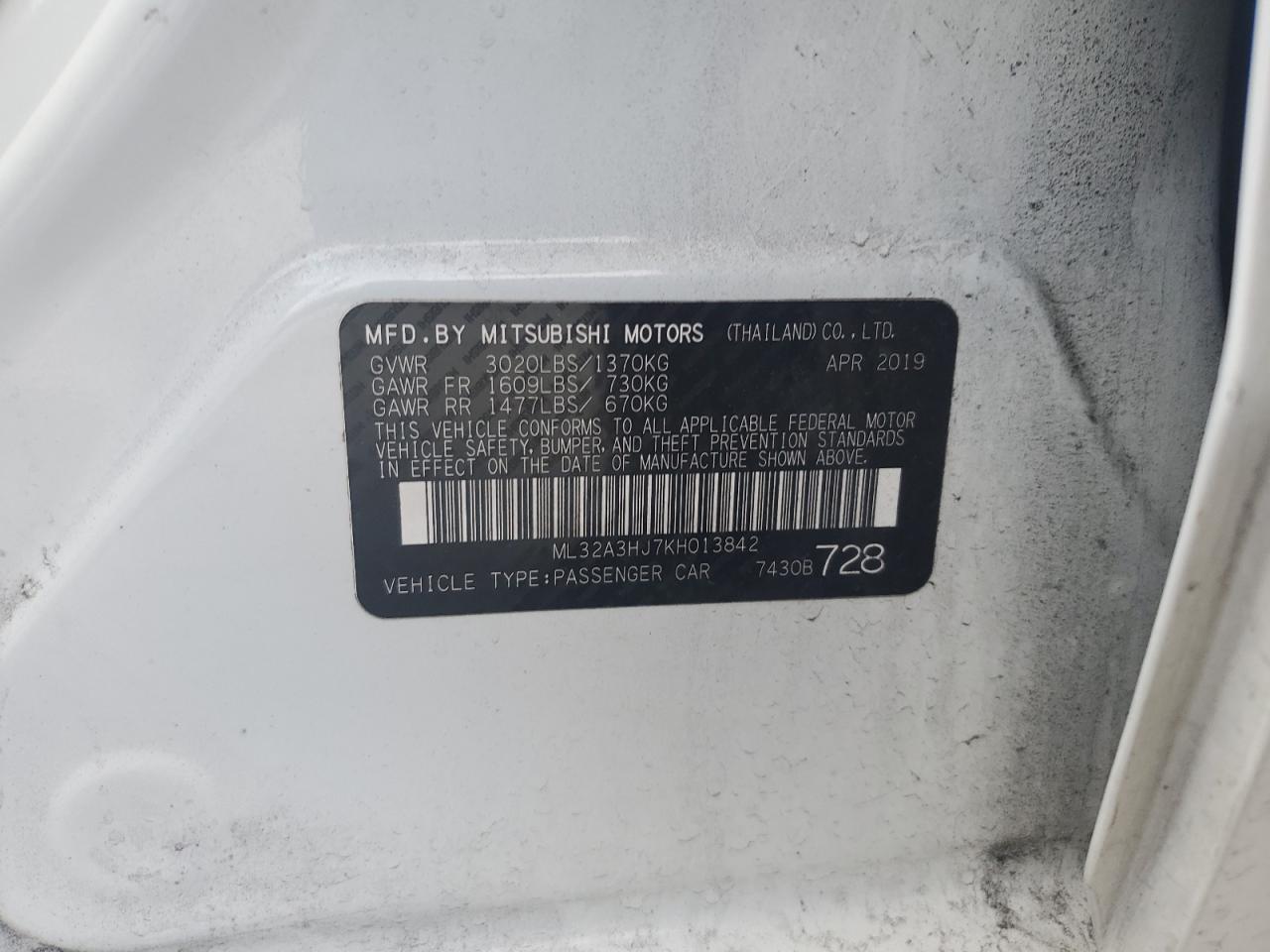 2019 Mitsubishi Mirage VIN ML32A3HJ7KH013842 Copart auction photo, all over damage thumbnail 12