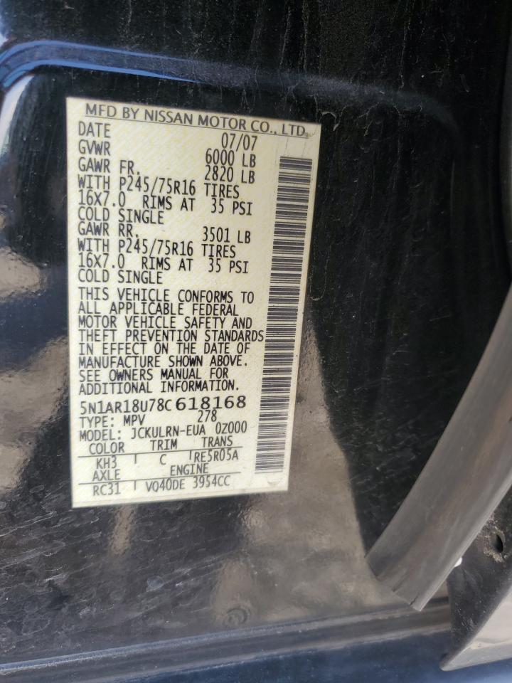 2008 Nissan Pathfinder VIN 5N1AR18U78C618168 Copart auction photo, front end damage thumbnail 15