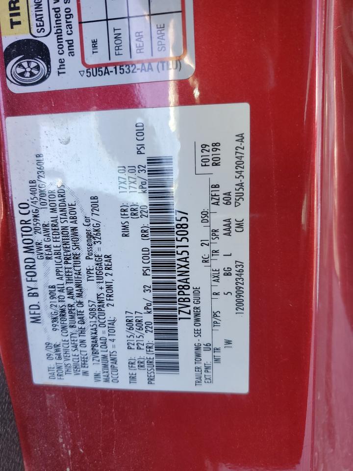 2010 Ford Mustang VIN 1ZVBP8ANXA5150857 Copart auction photo, rear end damage thumbnail 12