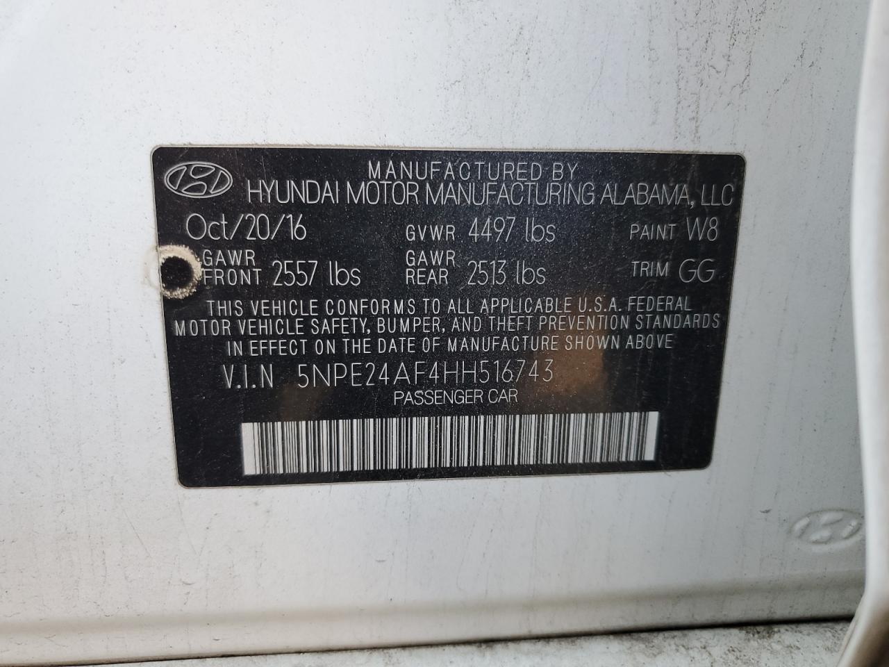 2017 Hyundai Sonata VIN 5NPE24AF4HH516743 Copart auction photo, rear end damage thumbnail 13