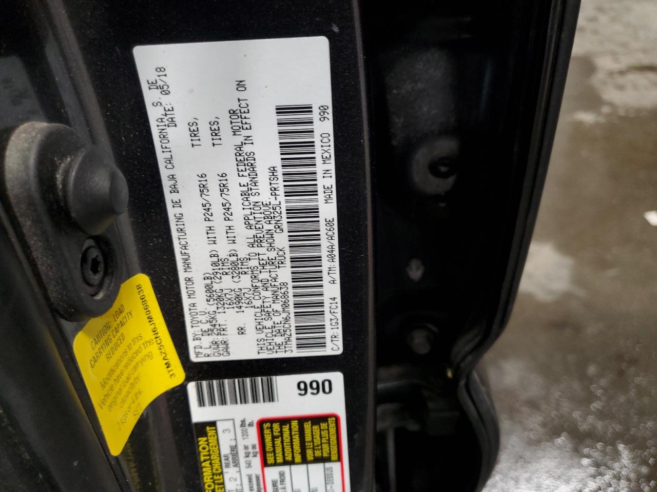 2018 Toyota Tacoma VIN 3TMAZ5CN6JM068638 Copart auction photo, front end damage thumbnail 12