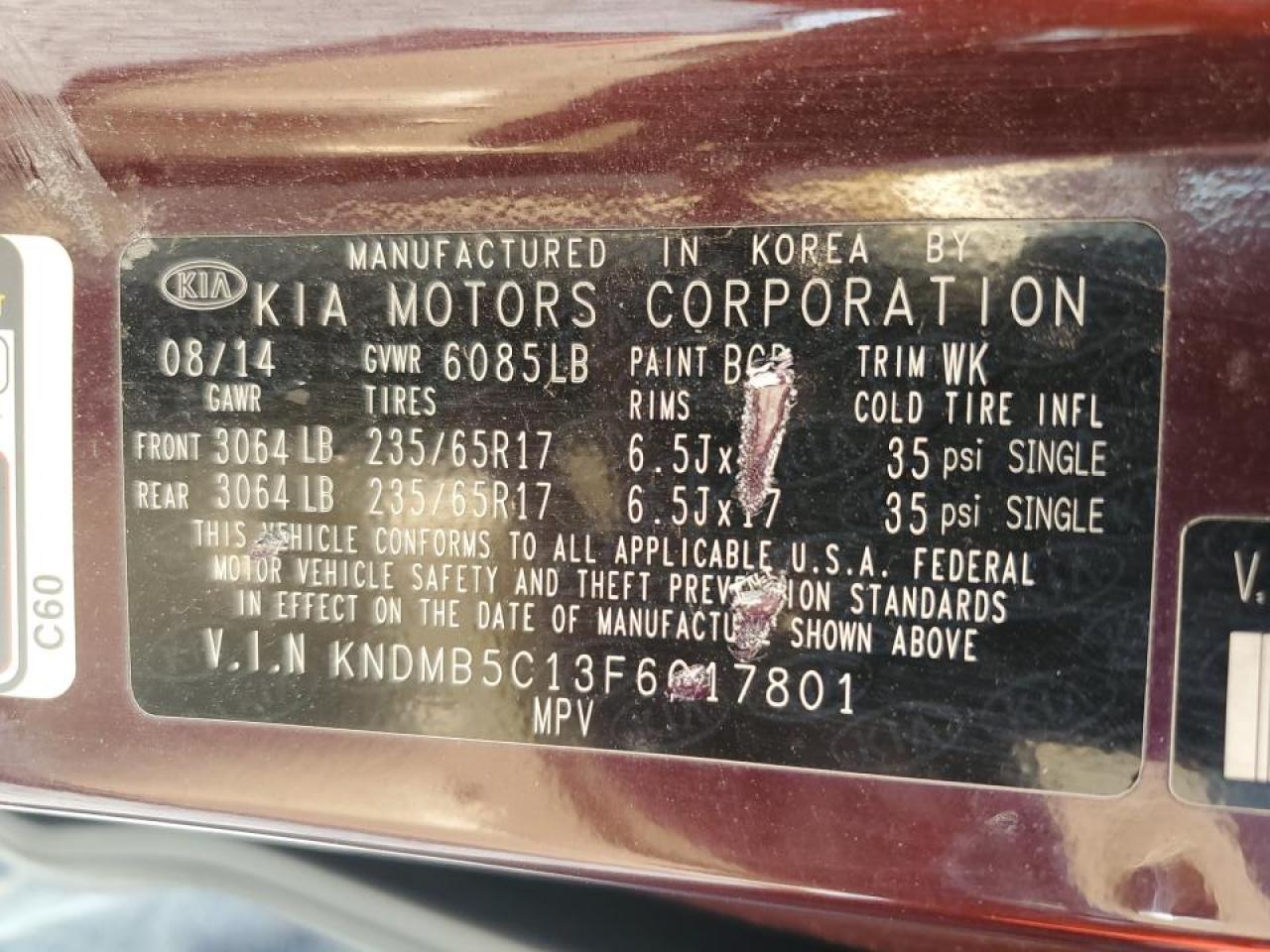 2015 KIA Sedona VIN KNDMB5C13F6017801 Copart auction photo, all over damage thumbnail 13