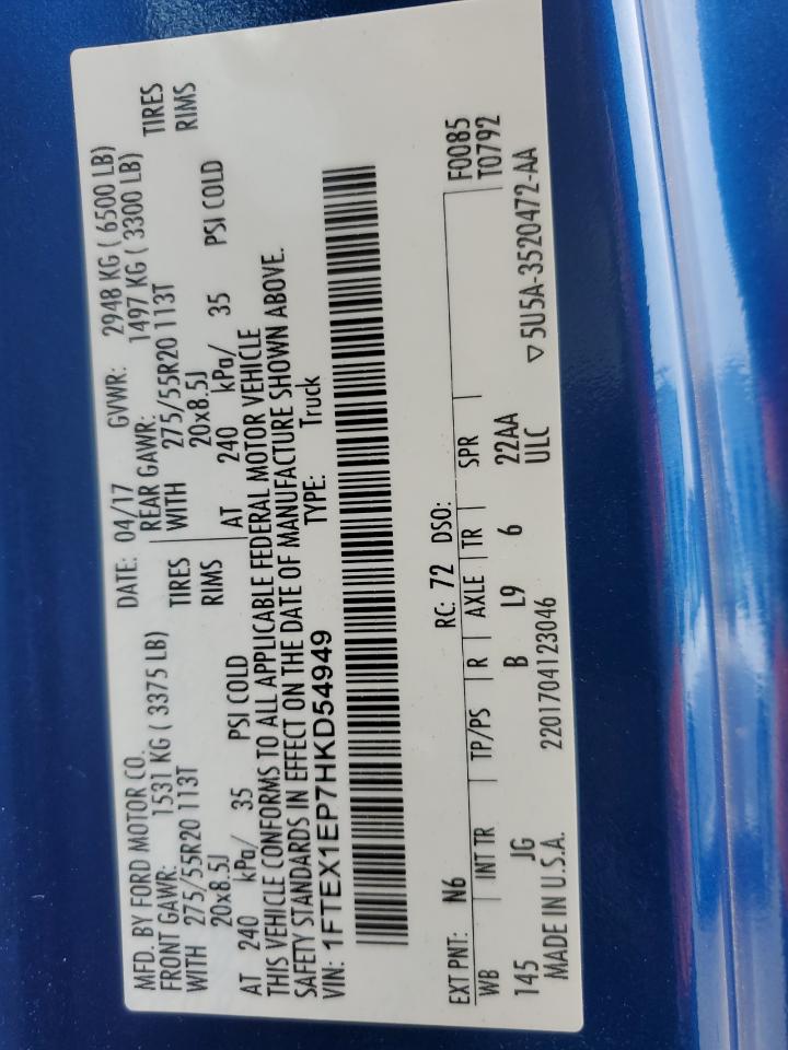 2017 Ford F-150 VIN 1FTEX1EP7HKD54949 Copart auction photo, front end damage thumbnail 13