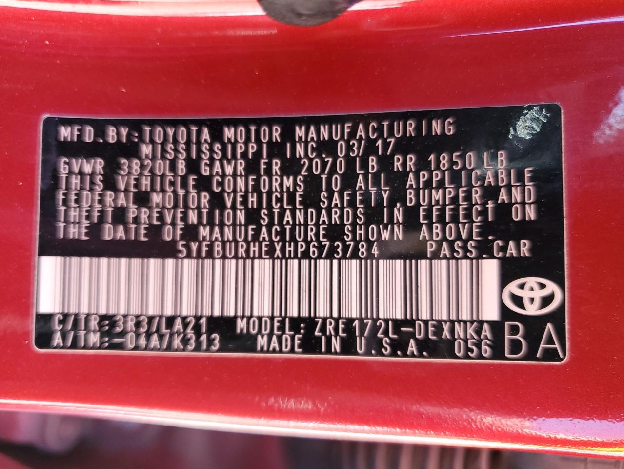 2017 Toyota Corolla VIN 5YFBURHEXHP673784 Copart auction photo, rear end / side damage thumbnail 12
