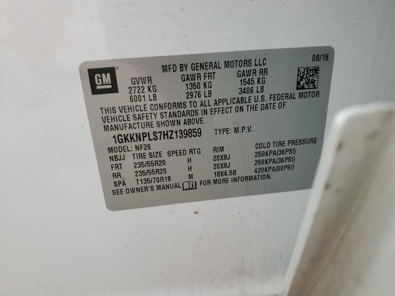 2017 GMC Acadia VIN 1GKKNPLS7HZ139859 Copart auction photo, rear end / minor dent/scratches damage thumbnail 14
