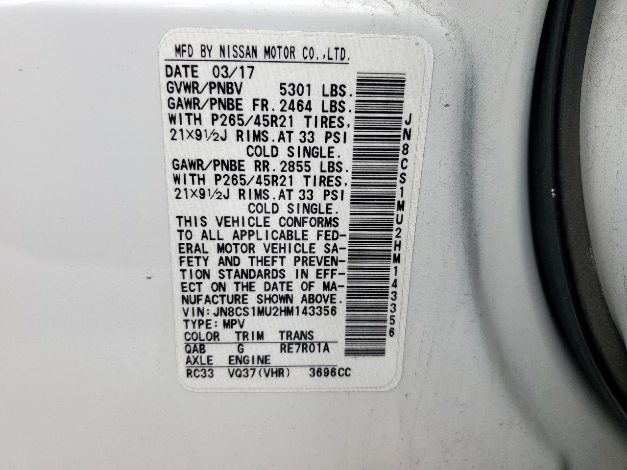 2017 Infiniti QX70 VIN JN8CS1MU2HM143356 Copart auction photo, front end damage thumbnail 14