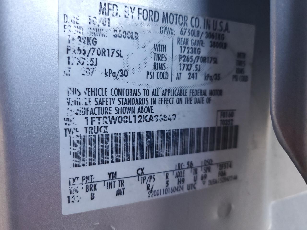 2002 Ford F-150 VIN 1FTRW08L12KA86849 Copart auction photo, side / rear end damage thumbnail 13
