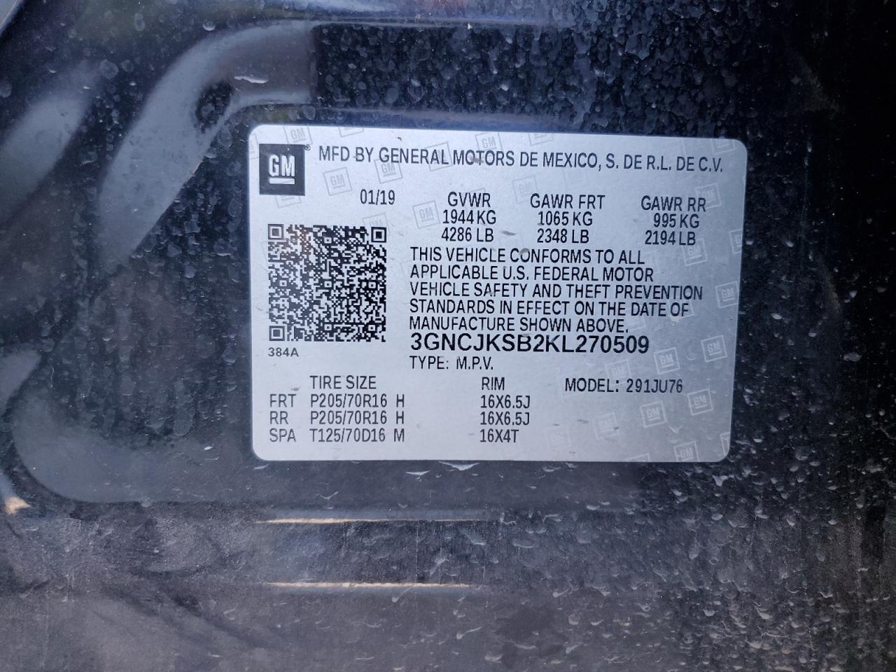 2019 Chevrolet Trax VIN 3GNCJKSB2KL270509 Copart auction photo, side damage thumbnail 13