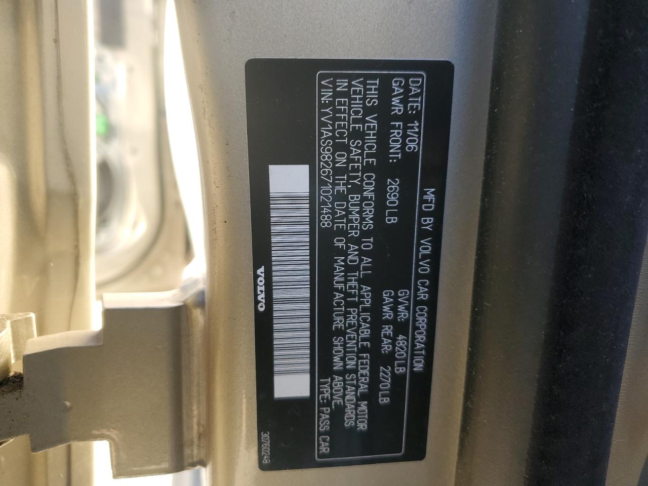 2007 Volvo S80 VIN YV1AS982671021488 Copart auction photo, side damage thumbnail 12