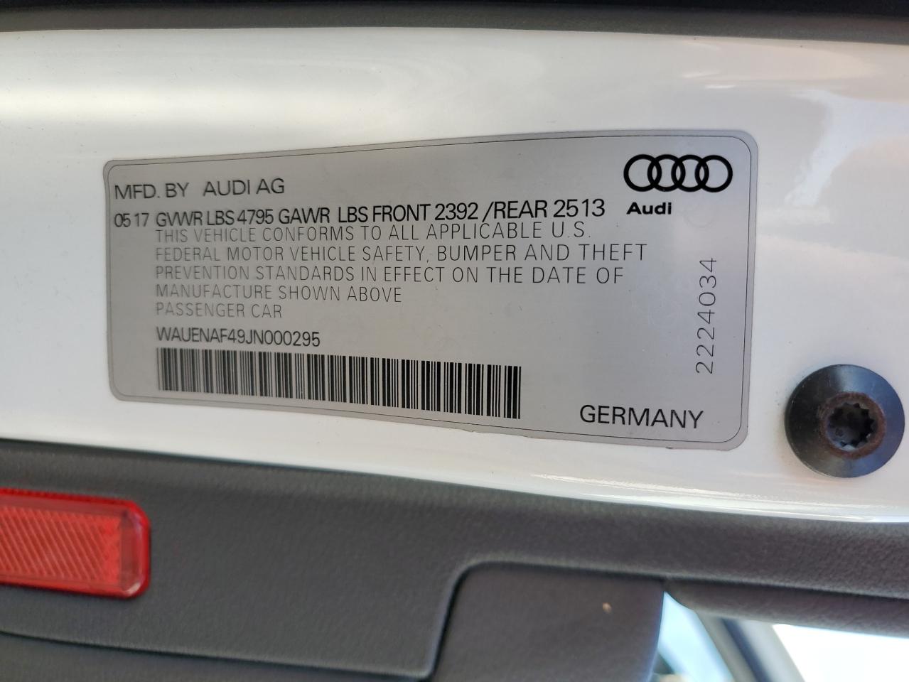 2018 Audi A4 VIN WAUENAF49JN000295 Copart auction photo, front end / side damage thumbnail 13