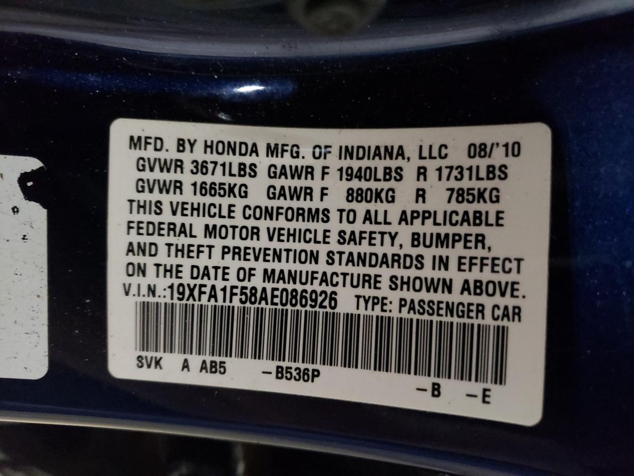 2010 Honda Civic VIN 19XFA1F58AE086926 Copart auction photo, front end / rear end damage thumbnail 13