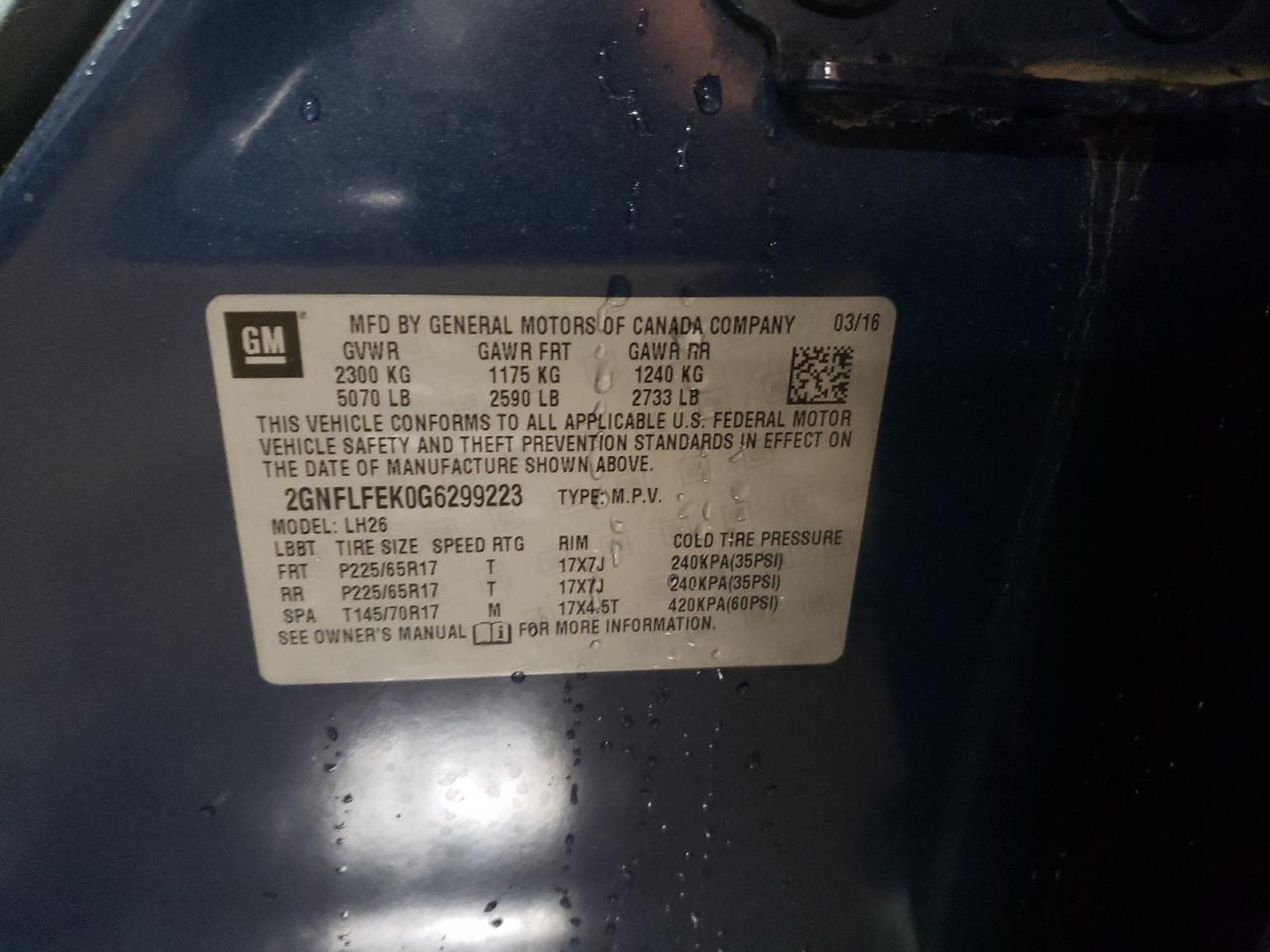 2016 Chevrolet Equinox VIN 2GNFLFEK0G6299223 Copart auction photo, front end / side damage thumbnail 13