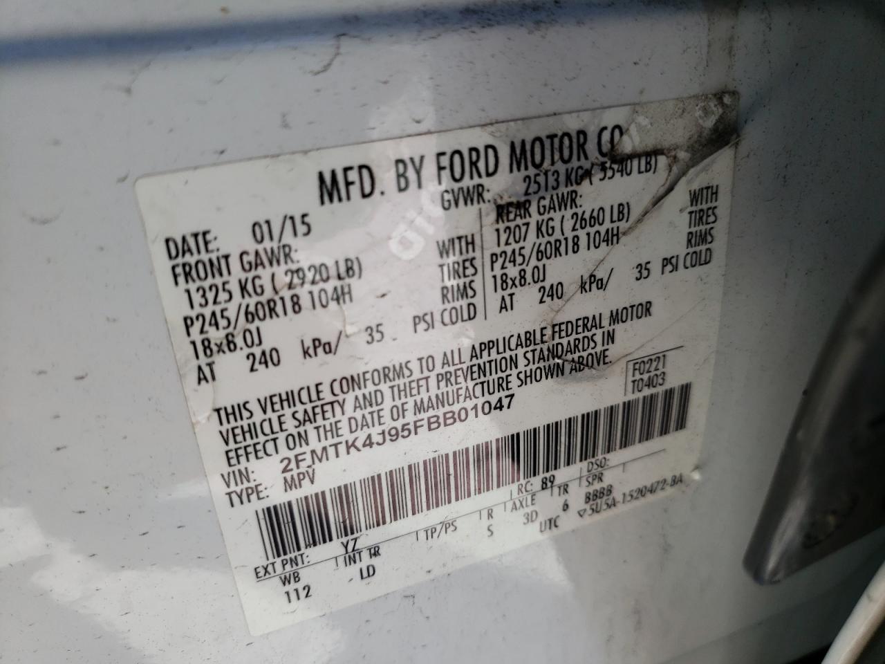 2015 Ford Edge VIN 2FMTK4J95FBB01047 Copart auction photo, rear end / minor dent/scratches damage thumbnail 14