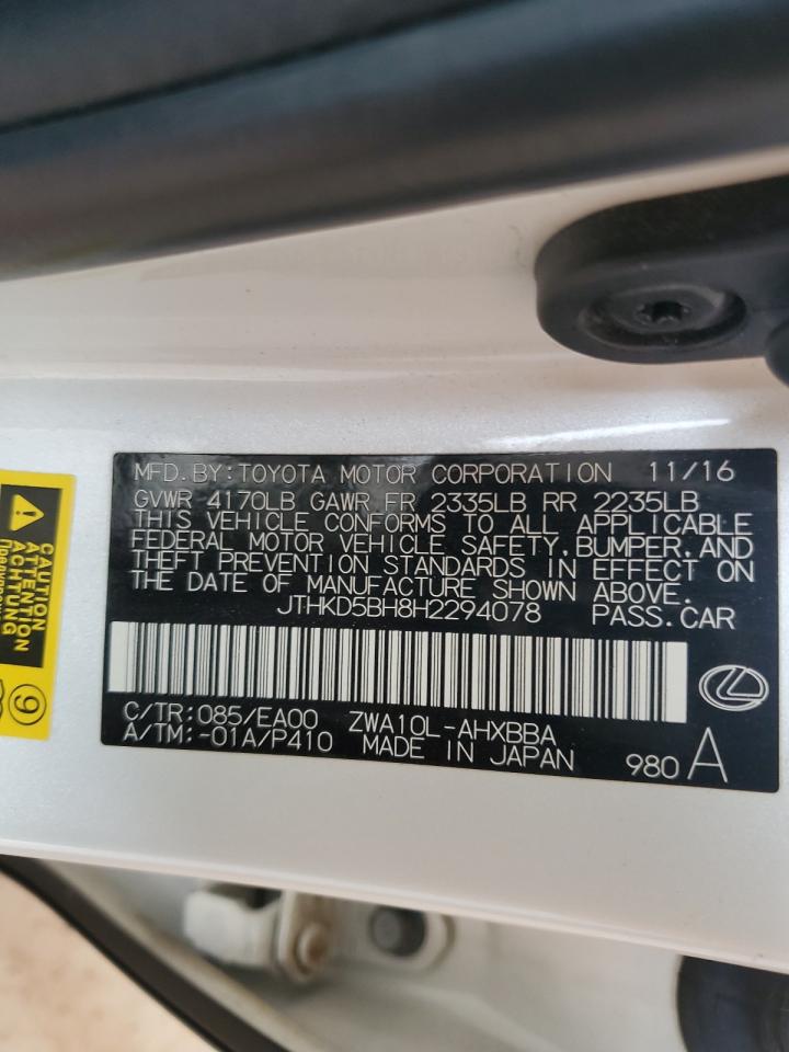 2017 Lexus CT VIN JTHKD5BH8H2294078 Copart auction photo, front end damage thumbnail 12