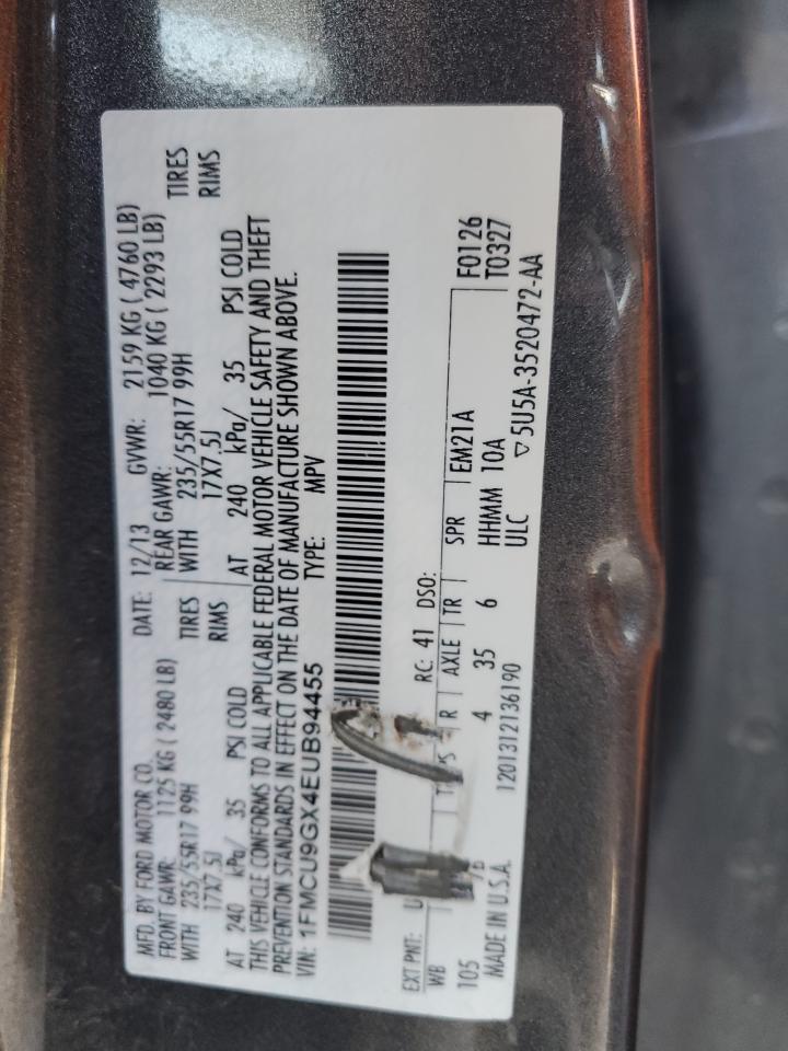 2014 Ford Escape VIN 1FMCU9GX4EUB94455 Copart auction photo, rear end / side damage thumbnail 13